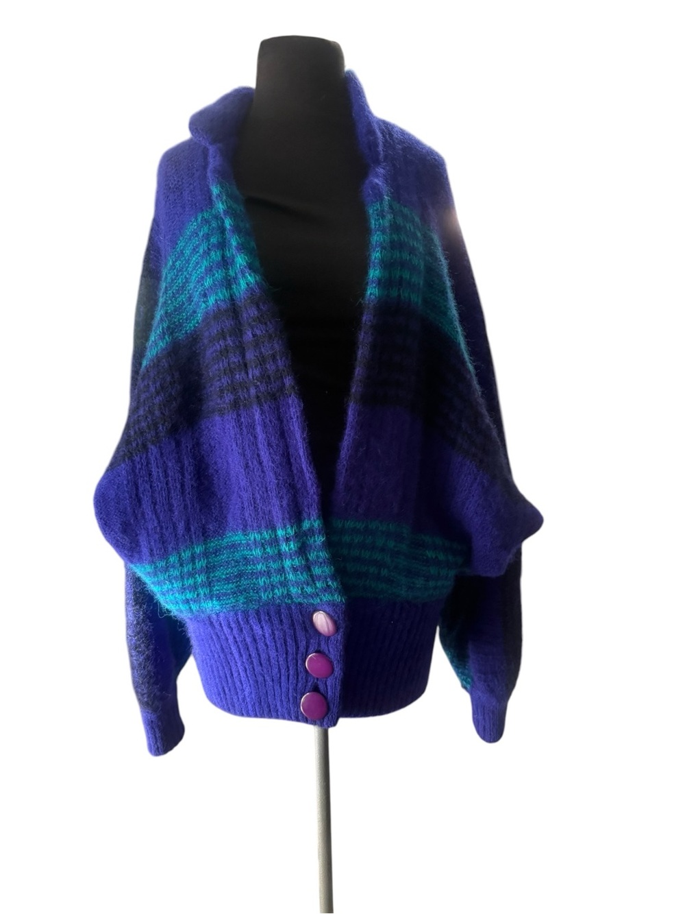 Vintage Franco Valeri Fuzzy Mohair Blend Plaid Cardigan Blue Teal Oversized L